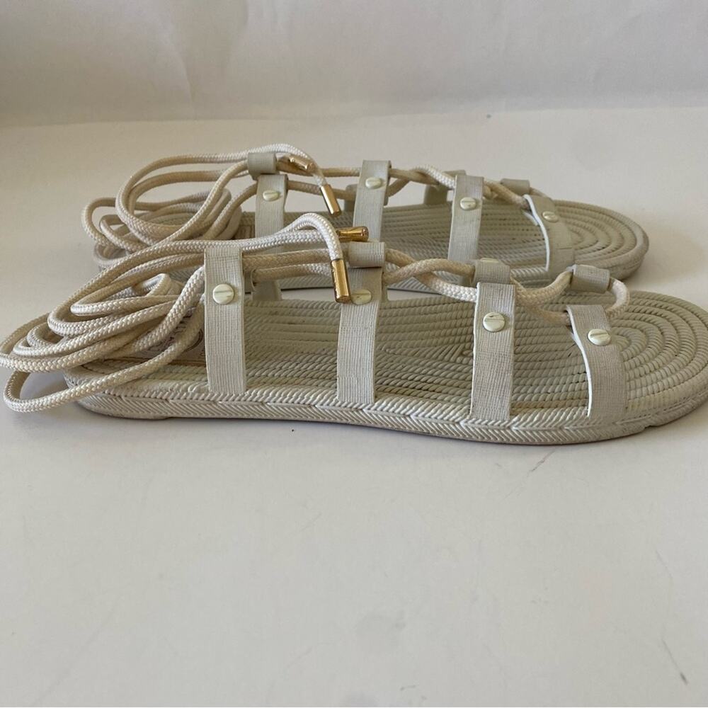 Tory Burch Lace Up Gladiator Rope Strappy Ankle Wrap Flat Sandals Off White - Picture 10 of 10